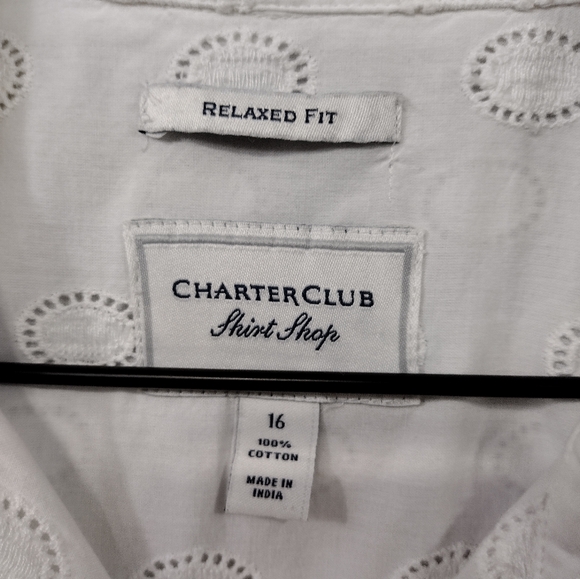 Charter Club Eyelet Polkadot Relaxed Fit Button Shirt Women's 16 White Office - Picture 8 of 8